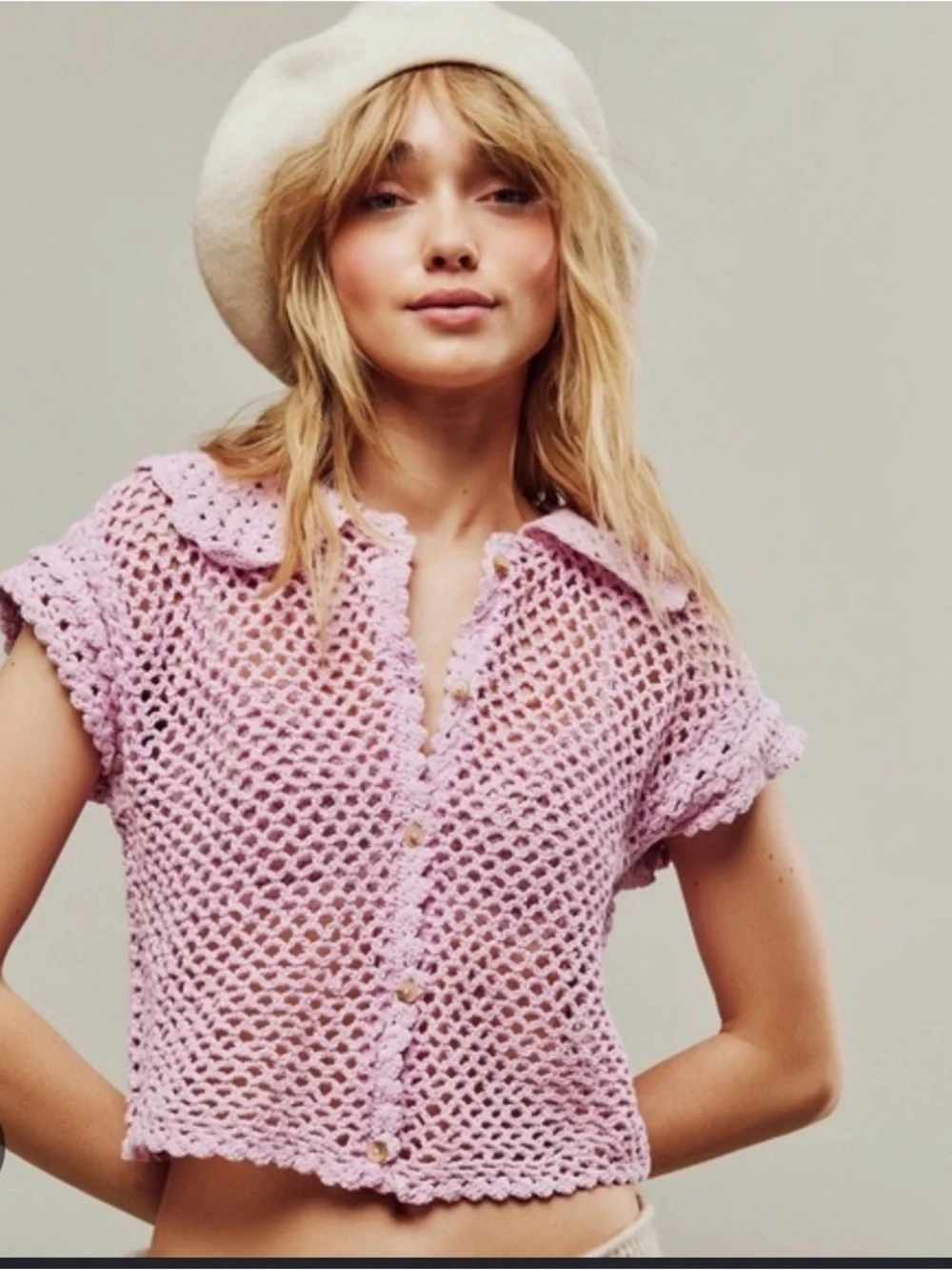 Free People Lily Crochet Top Embroidered Buttonddown Candy Lilac Cropped XL NEW - Picture 1 of 8